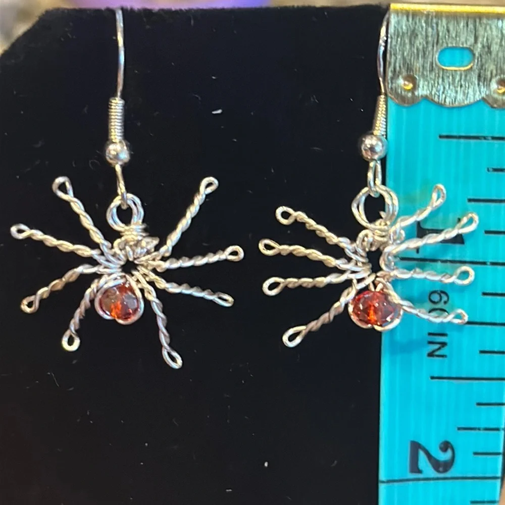 Silver Wire Handmade Spider Earrings Red Bead - Picture 3 of 7